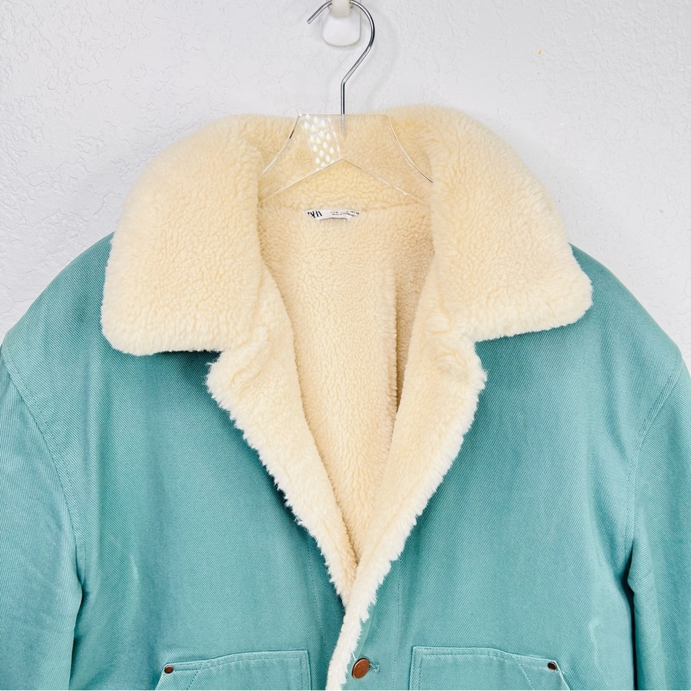 Zara Men’s Green Aqua Faux Sherpa Lined Heavy Denim Chore/Trucker Coat Medium - Picture 5 of 13